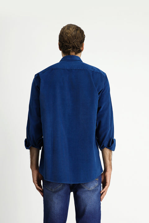 Dark Blue Long Sleeve Regular Fit Sport Button-Down Collar Cotton Velvet Shirt