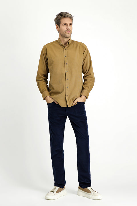 Dark Beige Long Sleeve Regular Fit Sport Button-Down Collar Cotton Velvet Shirt