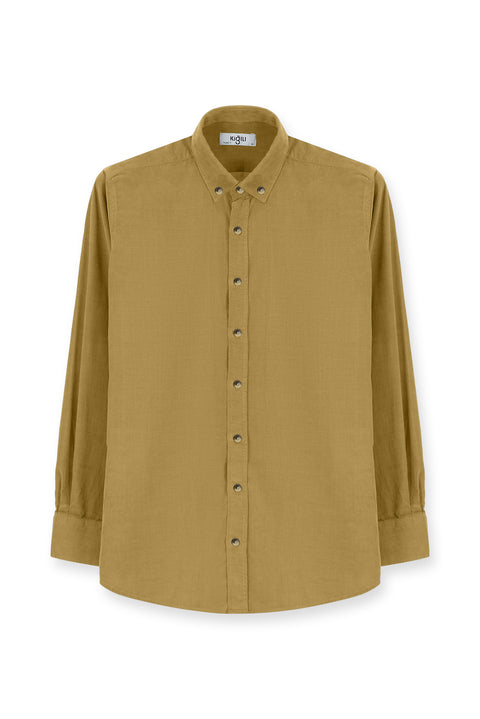 Dark Beige Long Sleeve Regular Fit Sport Button-Down Collar Cotton Velvet Shirt