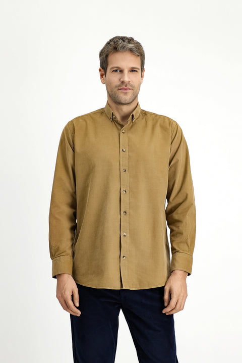 Dark Beige Long Sleeve Regular Fit Sport Button-Down Collar Cotton Velvet Shirt