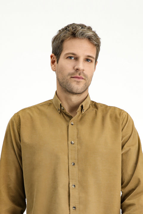 Dark Beige Long Sleeve Regular Fit Sport Button-Down Collar Cotton Velvet Shirt