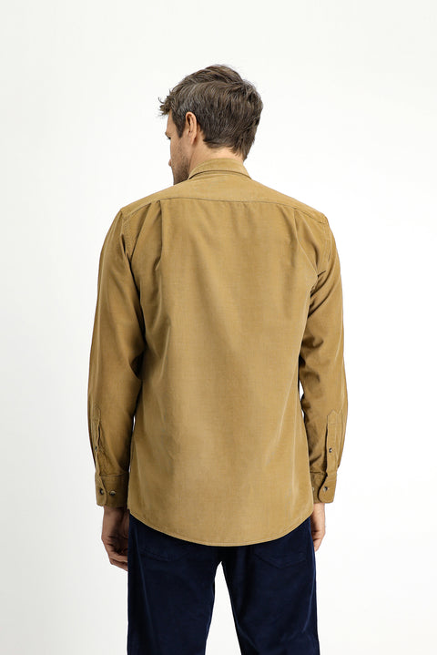 Dark Beige Long Sleeve Regular Fit Sport Button-Down Collar Cotton Velvet Shirt