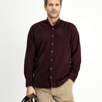 Wine Burgundy Long Sleeve Regular Fit Sport Button-Down Collar Cotton Velvet Shirt