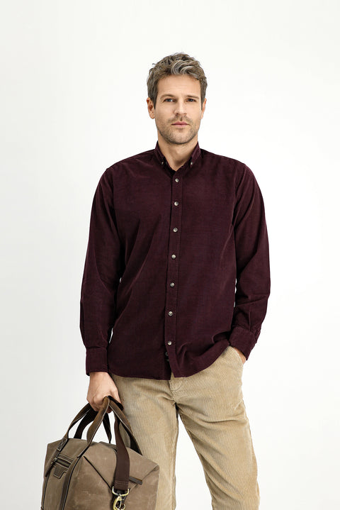 Wine Burgundy Long Sleeve Regular Fit Sport Button-Down Collar Cotton Velvet Shirt