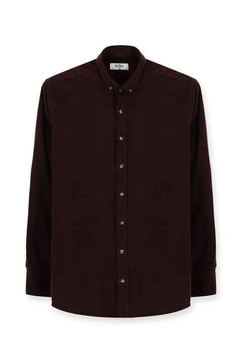Wine Burgundy Long Sleeve Regular Fit Sport Button-Down Collar Cotton Velvet Shirt