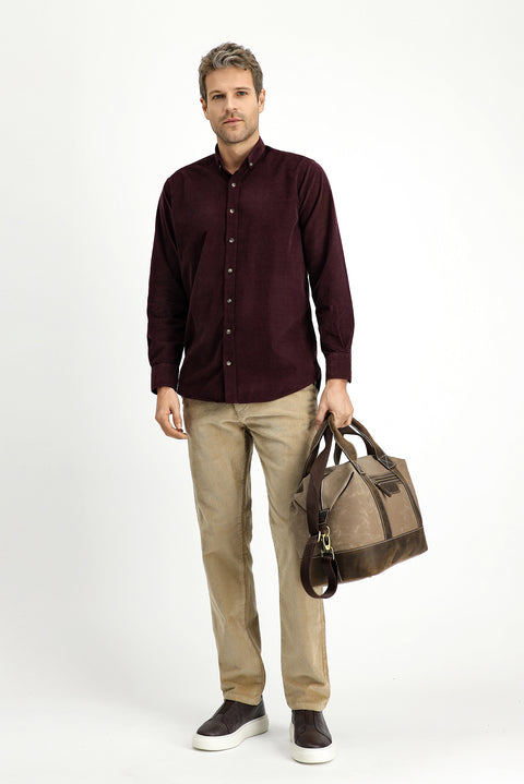 Wine Burgundy Long Sleeve Regular Fit Sport Button-Down Collar Cotton Velvet Shirt