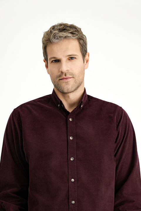 Wine Burgundy Long Sleeve Regular Fit Sport Button-Down Collar Cotton Velvet Shirt