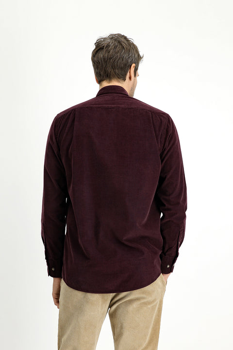 Wine Burgundy Long Sleeve Regular Fit Sport Button-Down Collar Cotton Velvet Shirt