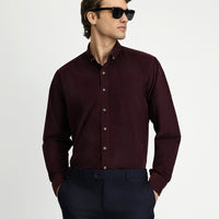 Dark Burgundy Long Sleeve Regular Fit Sport Button-Down Collar Cotton Velvet Shirt