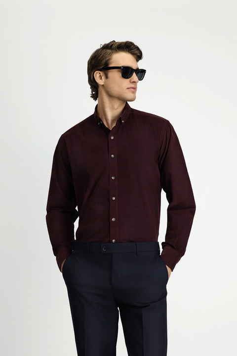 Dark Burgundy Long Sleeve Regular Fit Sport Button-Down Collar Cotton Velvet Shirt