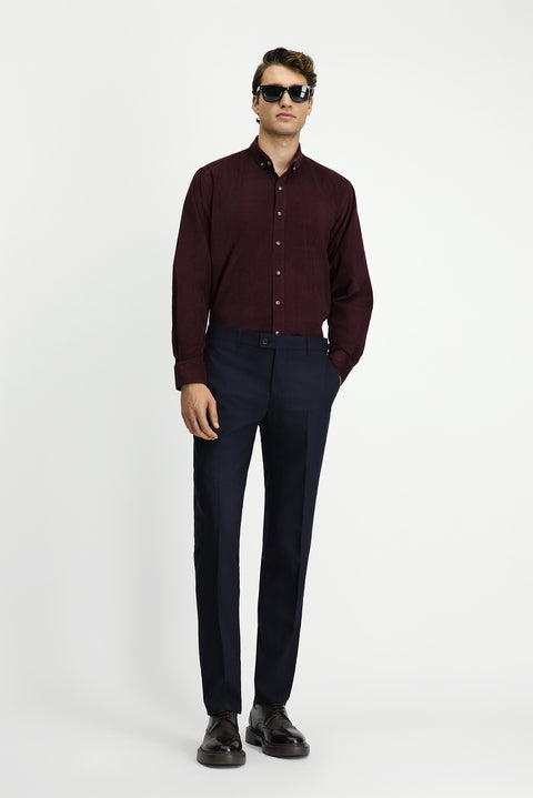 Dark Burgundy Long Sleeve Regular Fit Sport Button-Down Collar Cotton Velvet Shirt