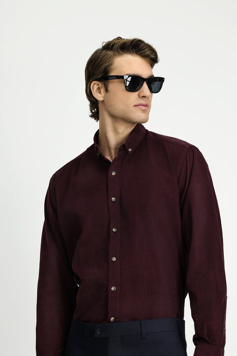 Dark Burgundy Long Sleeve Regular Fit Sport Button-Down Collar Cotton Velvet Shirt