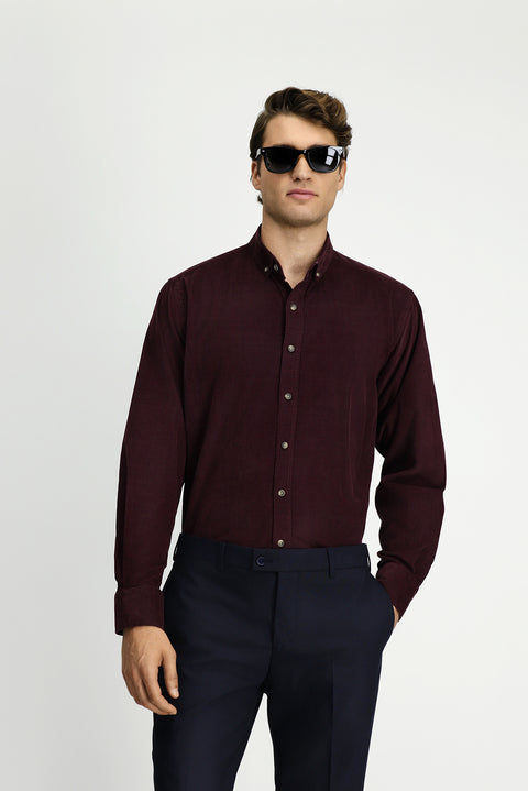 Dark Burgundy Long Sleeve Regular Fit Sport Button-Down Collar Cotton Velvet Shirt