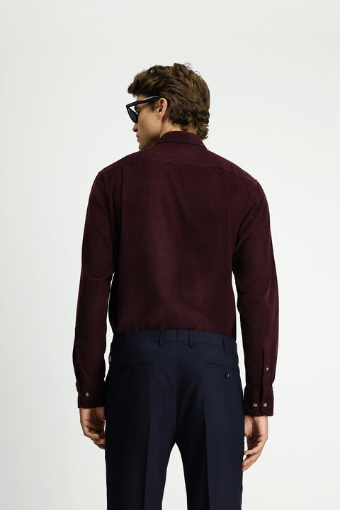 Dark Burgundy Long Sleeve Regular Fit Sport Button-Down Collar Cotton Velvet Shirt