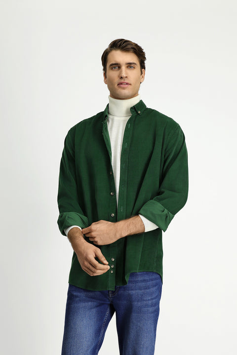 Dark Green Long Sleeve Regular Fit Sport Button-Down Collar Cotton Velvet Shirt