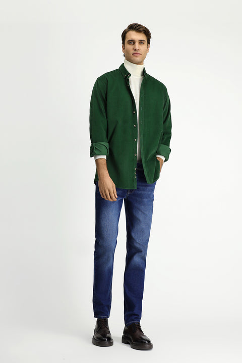 Dark Green Long Sleeve Regular Fit Sport Button-Down Collar Cotton Velvet Shirt