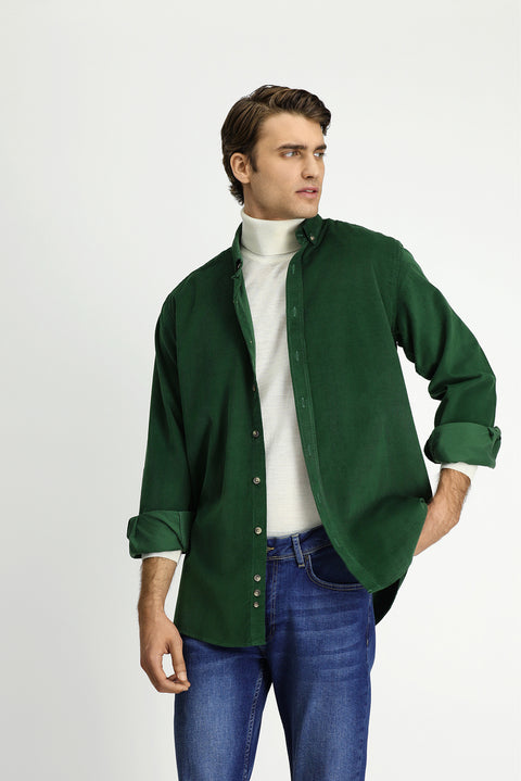 Dark Green Long Sleeve Regular Fit Sport Button-Down Collar Cotton Velvet Shirt