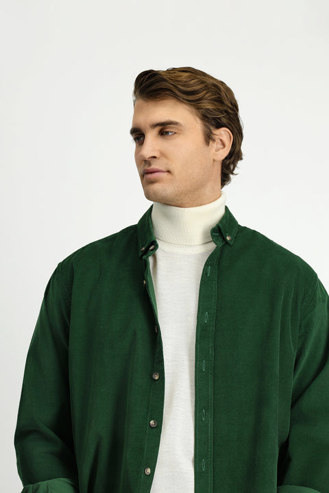 Dark Green Long Sleeve Regular Fit Sport Button-Down Collar Cotton Velvet Shirt