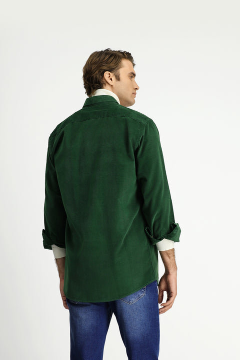 Dark Green Long Sleeve Regular Fit Sport Button-Down Collar Cotton Velvet Shirt