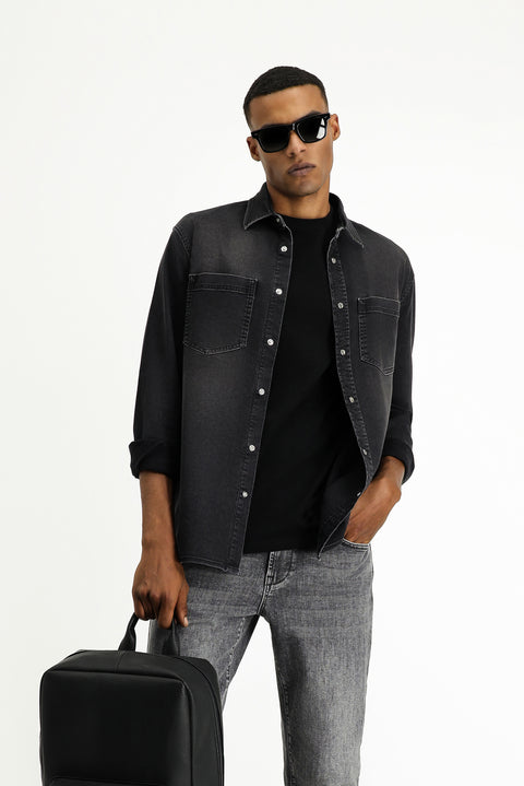 Siyah Uzun Kol Regular Fit Denim Pamuklu Gömlek