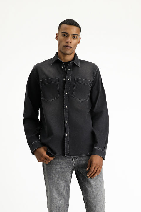 Siyah Uzun Kol Regular Fit Denim Pamuklu Gömlek