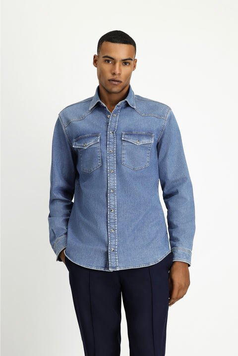 Dark Navy Long Sleeve Regular Fit Cotton Denim Shirt