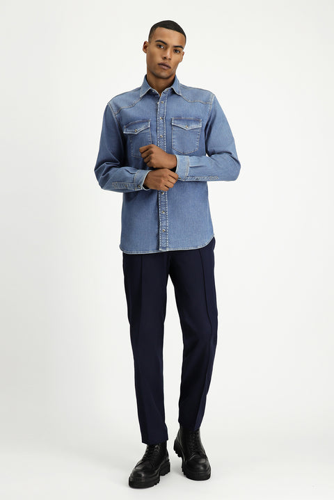 Dark Navy Long Sleeve Regular Fit Cotton Denim Shirt