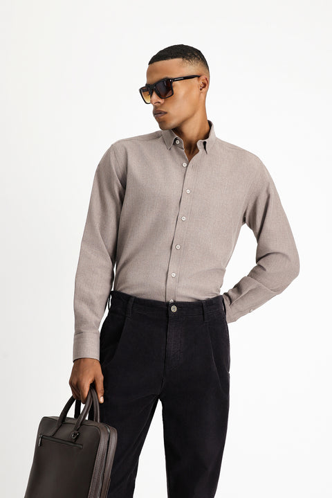 Dark Brown Long Sleeve Regular Fit Cotton Easy-Iron Sports Shirt