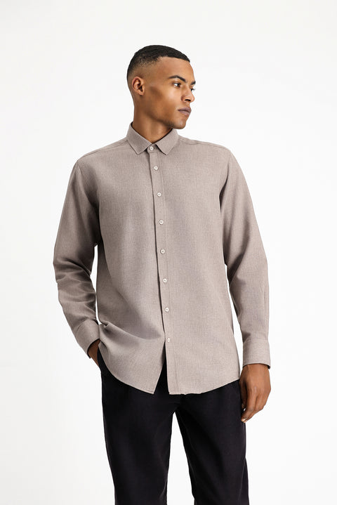 Dark Brown Long Sleeve Regular Fit Cotton Easy-Iron Sports Shirt