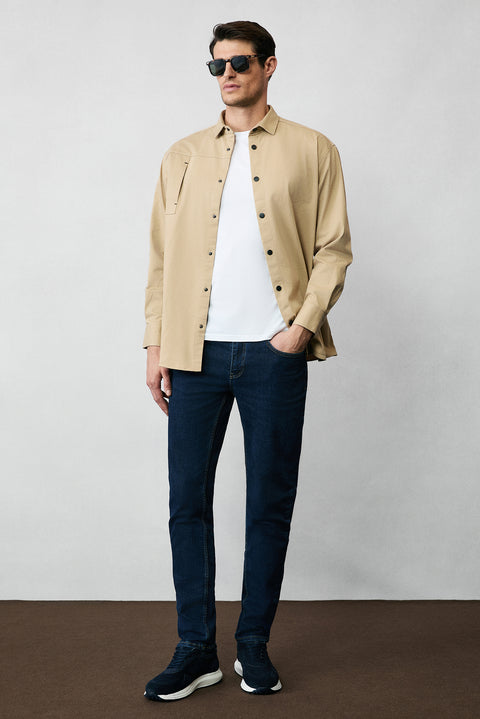 Medium Beige Long Sleeve Oversize Cotton Utility Shirt/Jacket