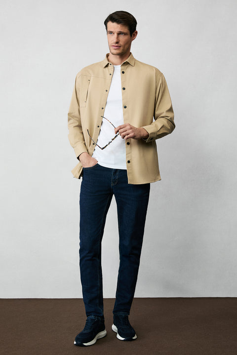 Medium Beige Long Sleeve Oversize Cotton Utility Shirt/Jacket