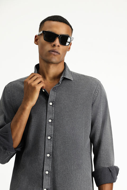 Medium Anthracite Long Sleeve Regular Fit Striped Cotton Shirt