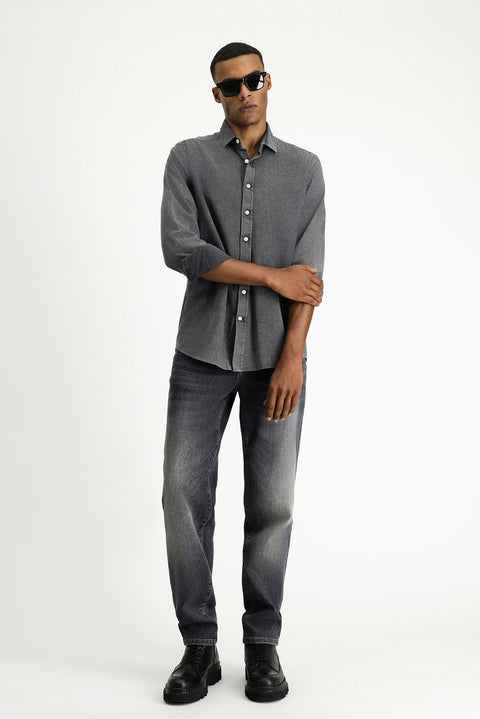 Medium Anthracite Long Sleeve Regular Fit Striped Cotton Shirt
