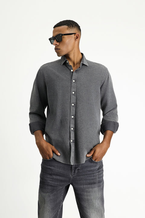 Medium Anthracite Long Sleeve Regular Fit Striped Cotton Shirt