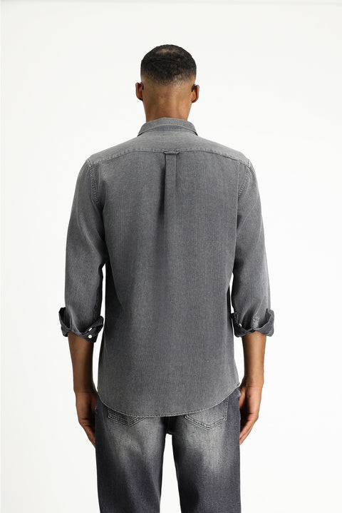 Medium Anthracite Long Sleeve Regular Fit Striped Cotton Shirt