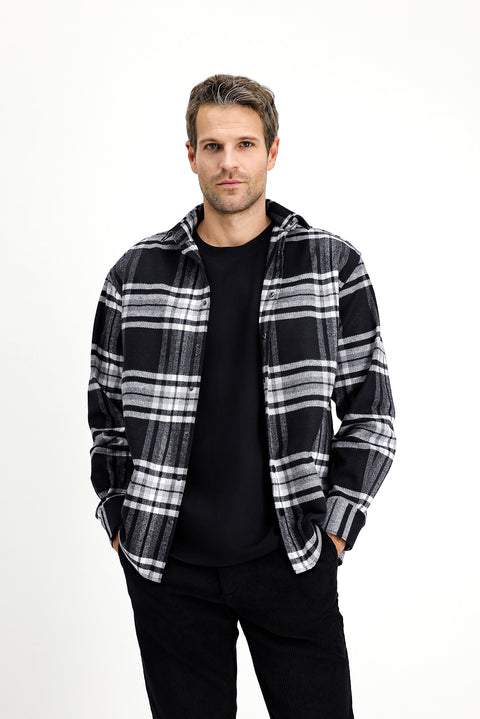 Siyah Uzun Kol Oversize Ekose Shacket Oduncu Pamuklu Gömlek / Mont