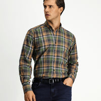 Light Brown Long Sleeve Regular Fit Plaid Button-Down Collar Cotton Shirt