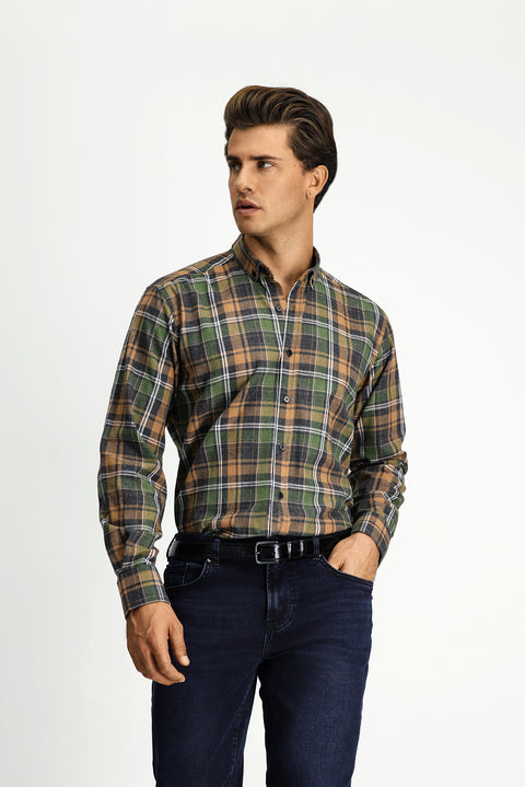 Light Brown Long Sleeve Regular Fit Plaid Button-Down Collar Cotton Shirt