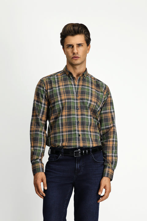 Light Brown Long Sleeve Regular Fit Plaid Button-Down Collar Cotton Shirt