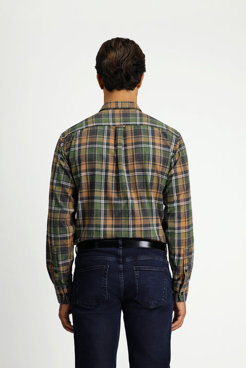 Light Brown Long Sleeve Regular Fit Plaid Button-Down Collar Cotton Shirt