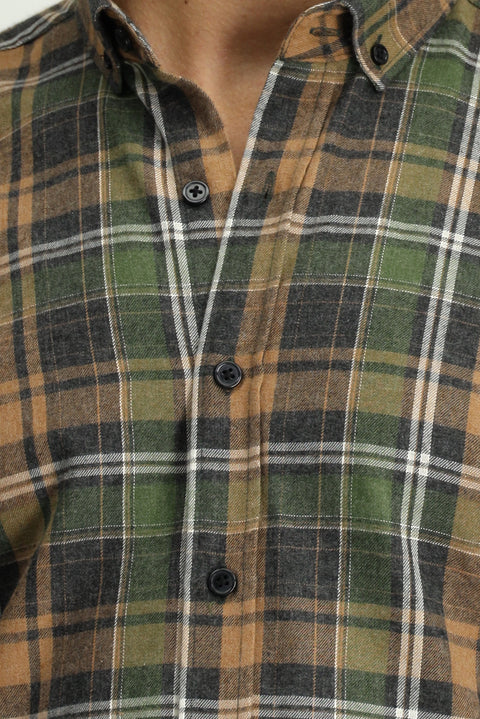 Light Brown Long Sleeve Regular Fit Plaid Button-Down Collar Cotton Shirt