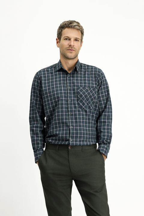 Dark Green Long Sleeve Regular Fit Sporty Plaid Cotton Shirt
