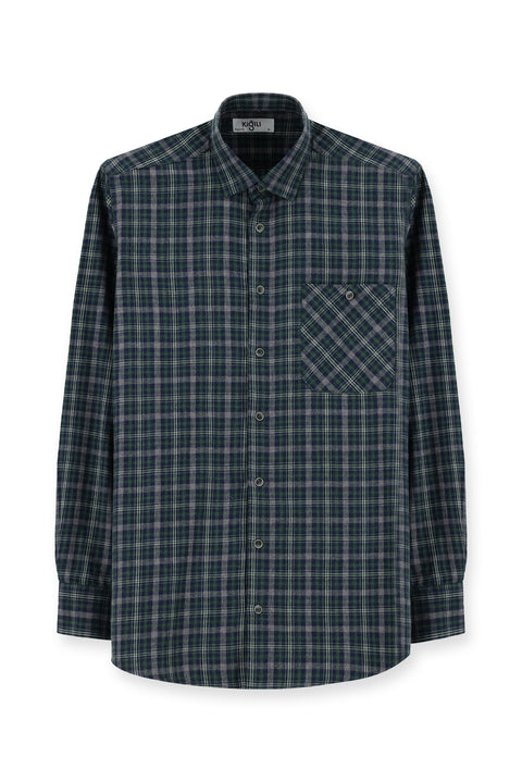 Dark Green Long Sleeve Regular Fit Sporty Plaid Cotton Shirt