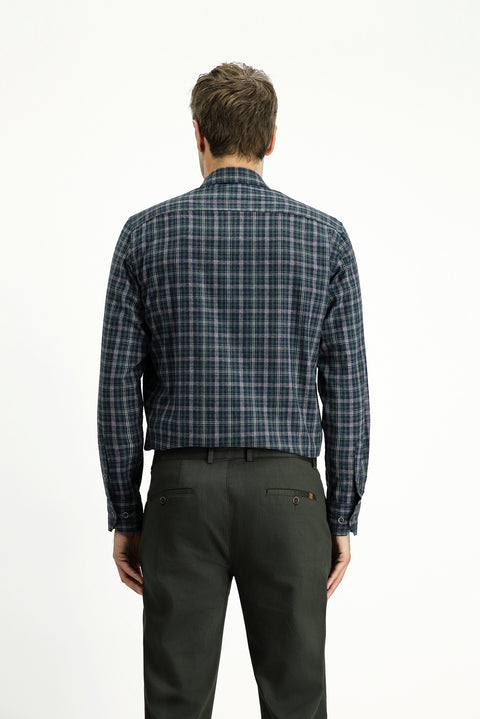 Dark Green Long Sleeve Regular Fit Sporty Plaid Cotton Shirt