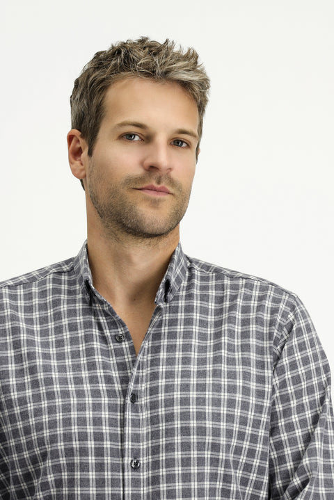 Medium Grey Long Sleeve Regular Fit Sport Plaid Cotton Lumberjack Button Collar Shirt