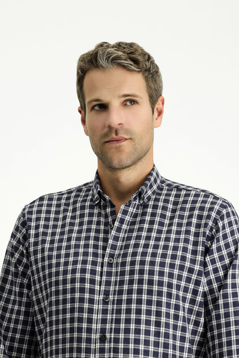 Medium Navy Long Sleeve Regular Fit Sport Plaid Cotton Lumberjack Button Collar Shirt