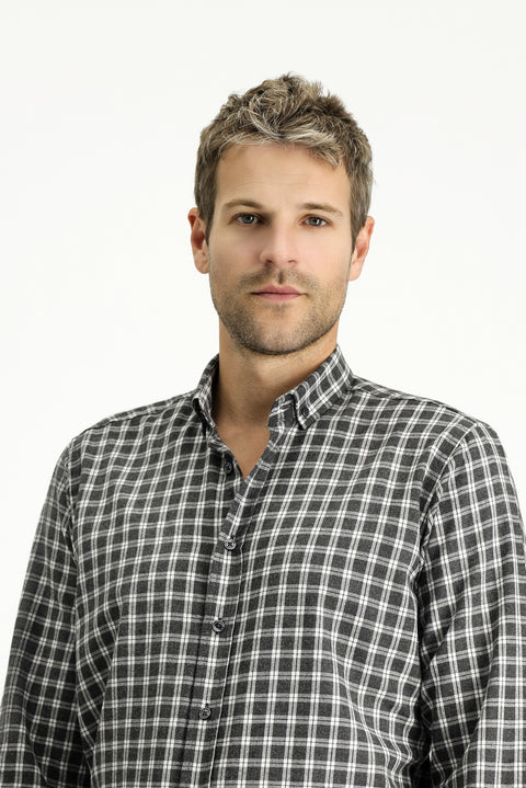 Medium Anthracite Long Sleeve Regular Fit Sport Plaid Cotton Lumberjack Button Collar Shirt