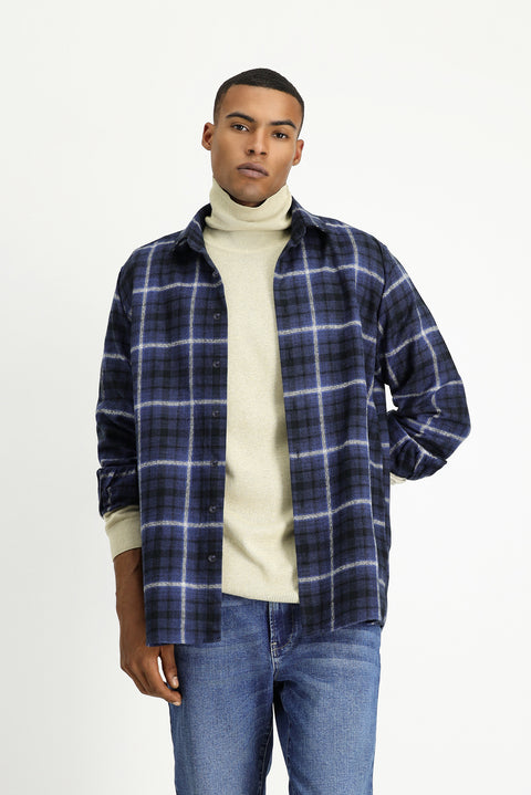 Dark Navy Long Sleeve Regular Fit Shacket Lumberjack Plaid Cotton Shirt