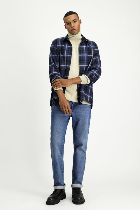 Dark Navy Long Sleeve Regular Fit Shacket Lumberjack Plaid Cotton Shirt