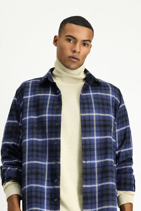 Dark Navy Long Sleeve Regular Fit Shacket Lumberjack Plaid Cotton Shirt